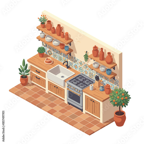 Isometric view of a charming rustic kitchen with wooden shelves, terracotta tiles, and potted plants.