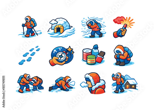 Arctic Survival Icons. Surviving The Arctic. Colorful isometric vector icons set of Surviving The Arctic: lone explorer walking, shelter against wind, blizzard