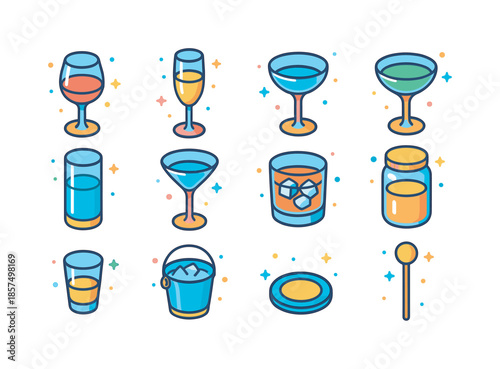Colorful Glassware Icons. Beverage glassware. Colorful isometric vector icons set of beverage glassware: wine glass, champagne flute, beer glass, cocktail