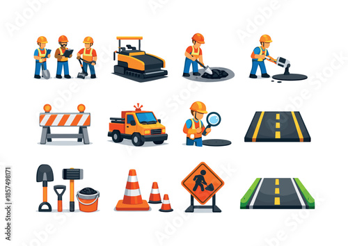 Road Maintenance Icons. Road Maintenance. Colorful flat vector icons set of Road Maintenance: road repair crew, asphalt resurfacing, pothole fix,