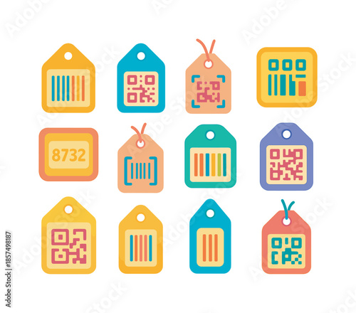 Colorful Barcode Icons. Barcode and QR price tags. Colorful flat vector icons set of barcode and QR price tags: barcode strip tag, QR code label, square price