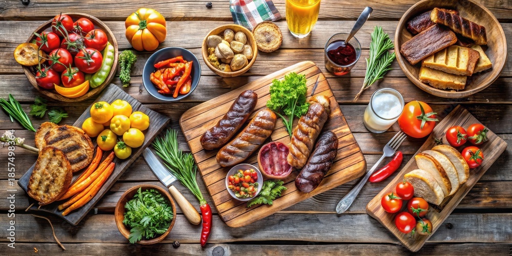 Fototapeta premium Rustic Tabletop Still Life Featuring Grilled Sausages, Assorted Vegetables, and Baked Bread