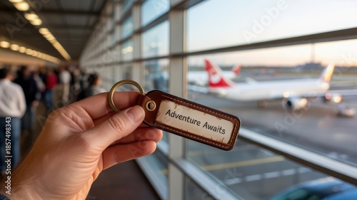 Traveler holding vintage leather keychain with tag at busy airport terminal. Adventure, journey and departure concept