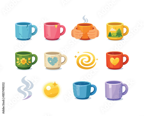 Beloved Mug Icons. Beloved old mug. Colorful flat vector icons set of beloved old mug: well-used mug, sentimental mug with chip, cozy handhold mug, worn