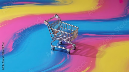 Minimalist shopping cart keychain on vibrant colorful abstract background. Retail therapy, modern design and shopping concept