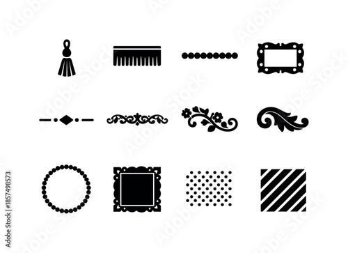 Folding Screen Icons. Folding screen decorative elements. Solid icon set of folding screen decorative elements: tassel, fringe, bead string, carved frame,