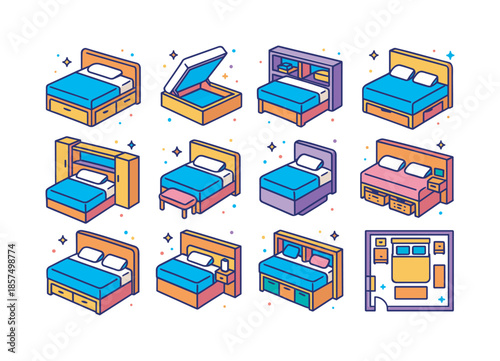 Storage Bed Icons Set. Storage beds and headboards. Colorful isometric vector icons set of Storage beds and headboards: bed with drawers underneath, lift up