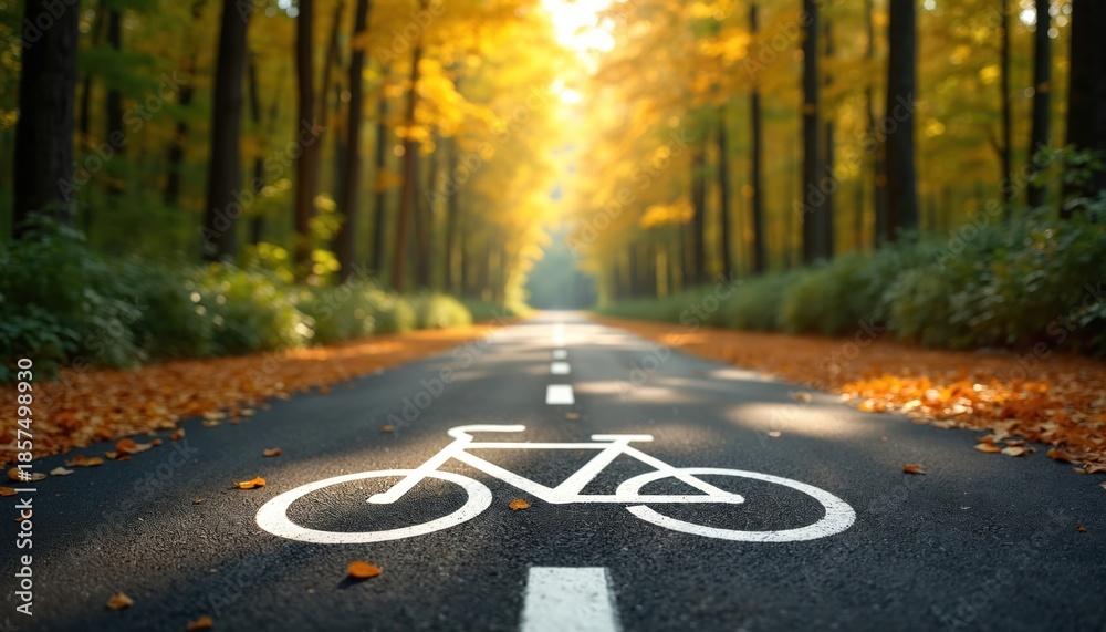 Obraz premium Empty paved bike path with asphalt road and lane markings going through autumn forest with yellow trees. Scenic route for cycling adventure into nature.