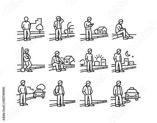 Everyday Taxi Icons. Everyday Taxi Waiting. Line icon set of Everyday Taxi Waiting: casual clothes person, street curb wait, phone scrolling wait, relaxed