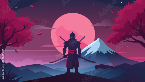 Stylized ninja warrior silhouette in Japanese landscape with cherry blossom trees and snowy mountain under a vibrant pink moon