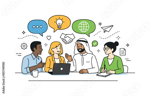 Global Team Unity. Cultural diversity in business. Colleagues from different backgrounds communicating around a shared table with speech bubbles and symbols.