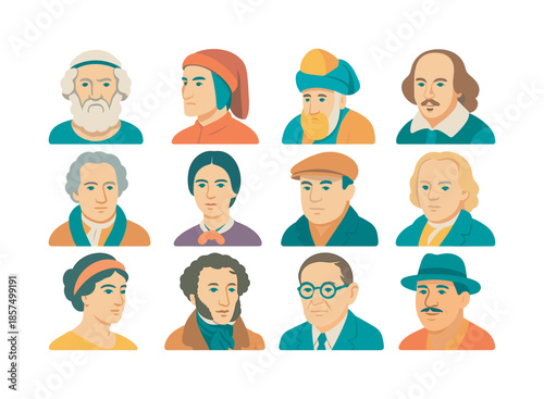 Famous Poets Icons. Poets of the ages. Colorful flat vector icons set of Poets of the ages: Homer portrait, Dante portrait, Rumi portrait,