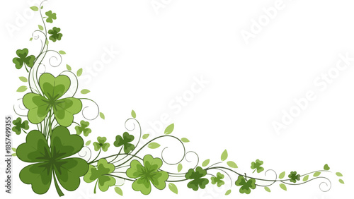 A decorative corner design featuring lush green shamrocks and swirling vines, perfect for St. Patrick's Day celebrations.