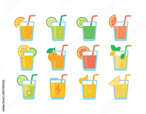 Vibrant Citrus Drinks. Citrus drinks. Colorful flat vector icons set of citrus drinks: orange drink, lemon drink, lime drink, grapefruit drink, mandarin juice,