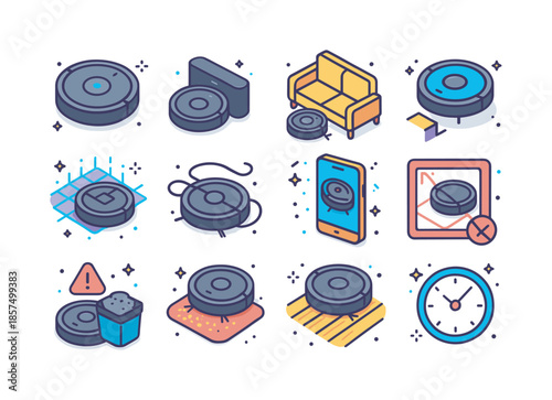 Colorful Robot Vacuum Icons. Robot vacuum cleaners. Colorful isometric vector icons set of Robot vacuum cleaners: round robot vacuum, robot dock with charging