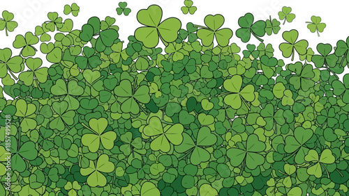 A dense, vibrant carpet of lush green shamrocks, symbolizing luck and Irish heritage, fills the frame.