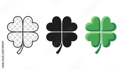 Three stylized four-leaf clovers in different graphic styles: outline, solid black, and green with shading.