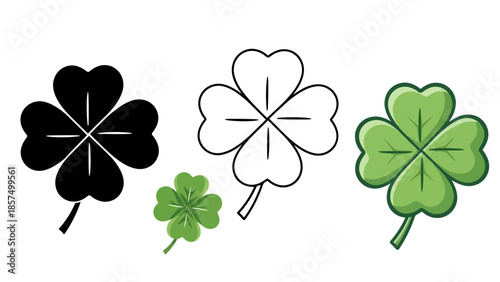 A collection of four-leaf clover illustrations in various styles, including a solid black silhouette, a simple outline, and a vibrant green depiction.