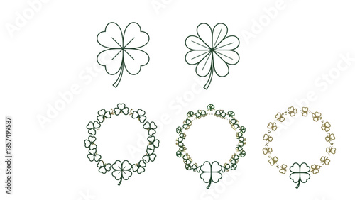 A collection of four-leaf clover designs, including individual clovers and circular wreaths, presented in a simple line art style.