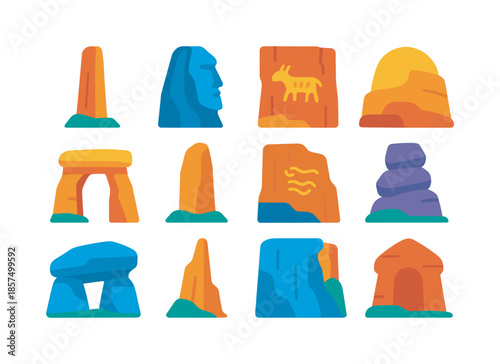 Ancient Rock Icons. Ancient Natural Monuments. Colorful flat vector icons set of ancient natural monuments: giant stone pillar, legendary rock face, ancient