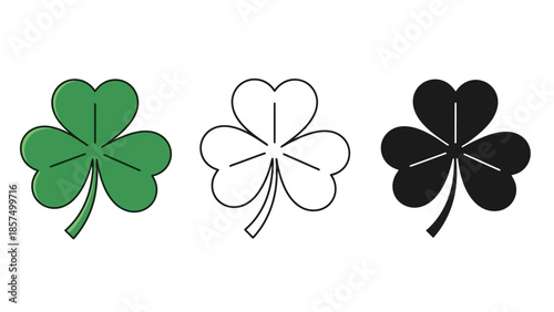 Three stylized shamrocks, one green, one outlined, and one black, representing Irish luck and St. Patrick's Day.