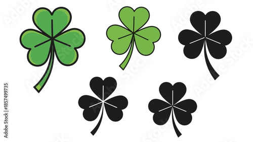 Five shamrock illustrations, featuring various shades of green and black, showcasing different designs.