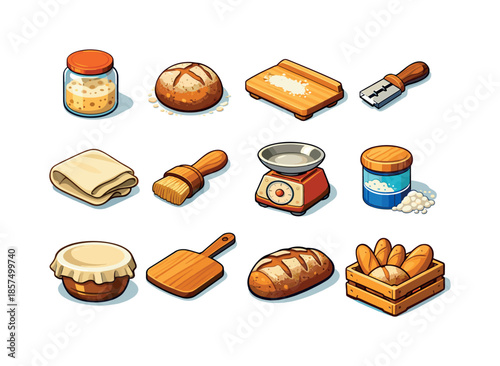 Artisan Bakery Icons. Artisan baking. Colorful isometric vector icons set of artisan baking: sourdough starter jar, rustic dough ball, wooden kneading board,