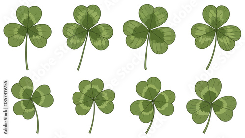 A collection of eight green shamrocks, some with four leaves, on a white background.