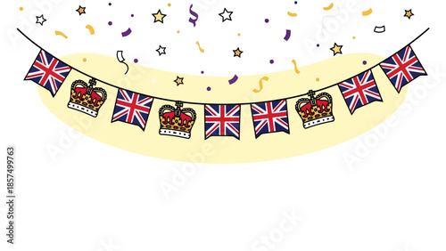 Bunting with Union Jack flags and crowns, with confetti.