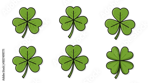 Illustration of six shamrocks, five with three leaves and one with four leaves, all green.