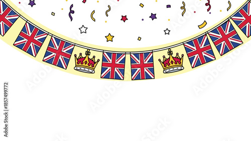 Festive illustration featuring Union Jack flags, crowns, and celebratory confetti, perfect for events.