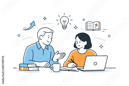 Leadership and Growth. Mentoring and development. Experienced leader supporting a colleague, friendly interaction and learning atmosphere. Subtle icons like