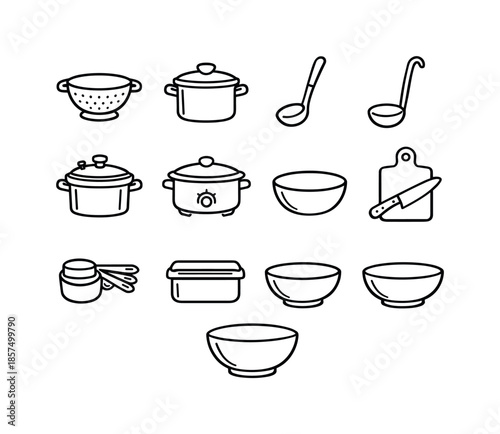 Bean Tools Icons. Bean Preparation Tools. Line icon set of Bean Preparation Tools: colander, pot, spoon, ladle, pressure cooker, slow cooker, mixing bowl,