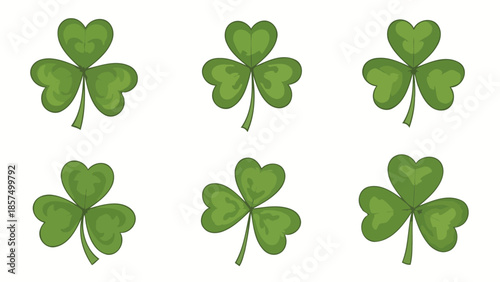 Six green shamrocks arranged in two rows on a white background, symbolizing luck and Ireland.