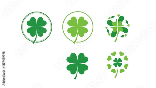 A collection of five green four-leaf clover icons, symbolizing luck and nature.