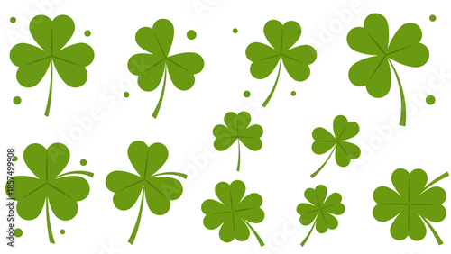 A collection of green shamrock clover leaves and four-leaf clovers scattered on a white background.