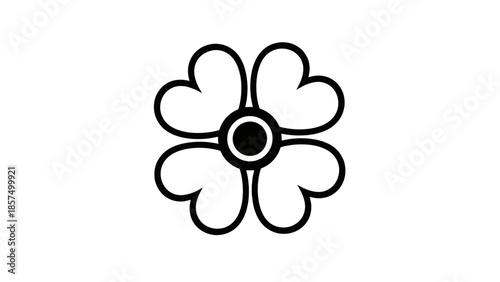 Black and white illustration of a four-petal flower with heart-shaped petals and a central circle.