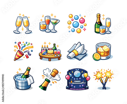 Colorful Celebration Icons. Celebration toast. Colorful isometric vector icons set of celebration toast: clinking champagne flutes, raised glasses, sparkling