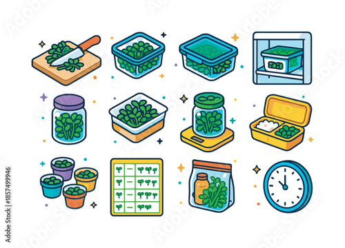 Microgreens Prep Essentials. Microgreens meal prep and storage. Colorful isometric vector icons set of Microgreens meal prep and storage: prep board with pile