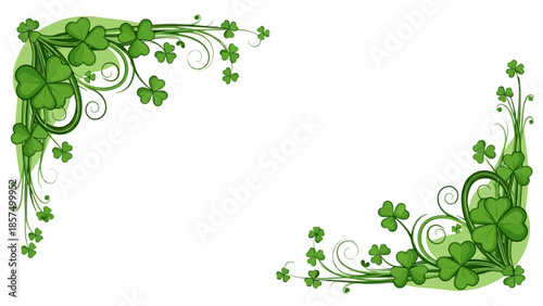 Decorative corner elements featuring green shamrocks and swirling vines, perfect for St. Patrick's Day celebrations.