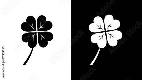 Four-leaf clover illustration in black and white, split image.