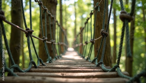 Rope bridge in treetop adventure park. Wooden walkway between trees, suspension path over green forest floor. Outdoor activity, nature challenge, fun park experience.