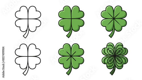 A set of six illustrations of four-leaf clovers, ranging from simple outlines to detailed green designs.