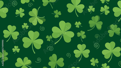 A vibrant green background featuring a pattern of various shamrocks and swirling designs.