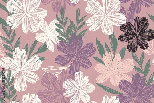 Hand-drawn floral pattern with muted flowers and leaves on pink…