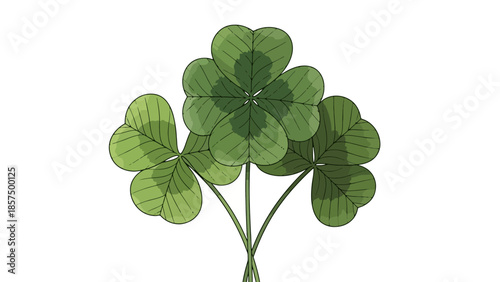 A close-up illustration of a cluster of green clover leaves, featuring one four-leaf clover surrounded by three-leaf clovers.