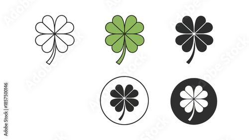 A collection of five stylized four-leaf clover icons in various designs and colors, including outline, green, black, and circular formats.