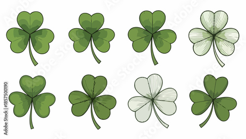 Illustration of eight shamrock leaves, showcasing variations in color and design, perfect for St. Patrick's Day.