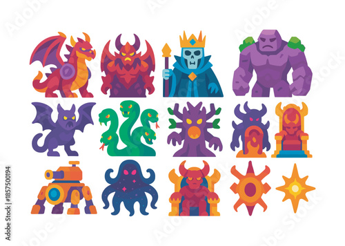 Colorful Boss Monster Icons. Boss monsters. Colorful flat vector icons set of Boss monsters: colossal armored dragon, multi-phase demon lord, crowned lich