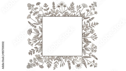 A square frame adorned with a delicate border of various botanical illustrations of wildflowers and herbs.